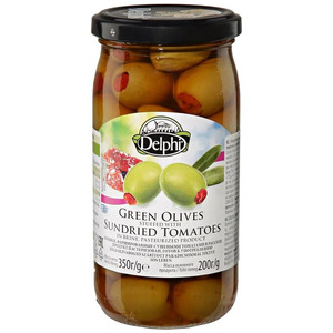 Оливки, каперсы, томаты "Delphi" Green Olives Stuffed with Sundried Tomatoes, 350 г