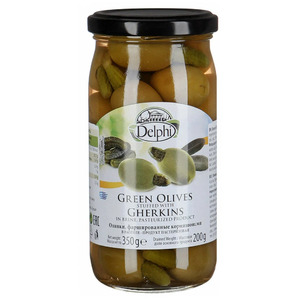 Оливки, каперсы, томаты "Delphi" Olives in Brine Stuffed with Gherkins, 350 г