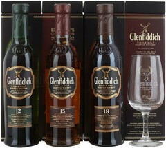 Виски Glenfiddich, gift set with 3 bottles (12 YO, 15 YO, 18 YO) & glass, 200 мл