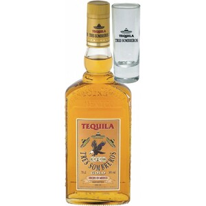 Текила "Tres Sombreros" Tequila Gold, with glass, 0.7 л