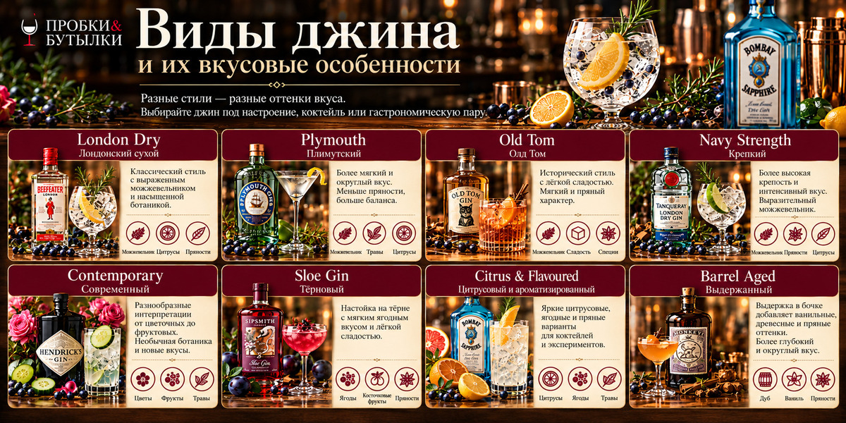 Виды и стили джина - инфографика винотеки Пробки и Бутылки