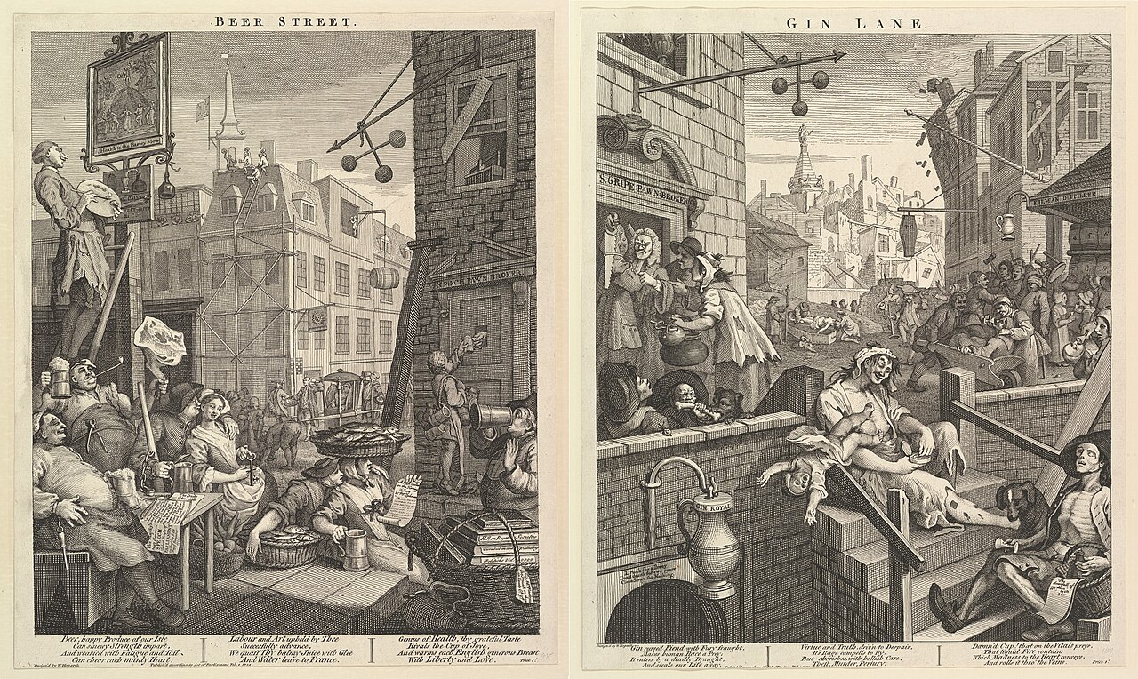 Гравюра Уильяма Хогарта «Джиновый переулок и Пивная улица», 1751 год