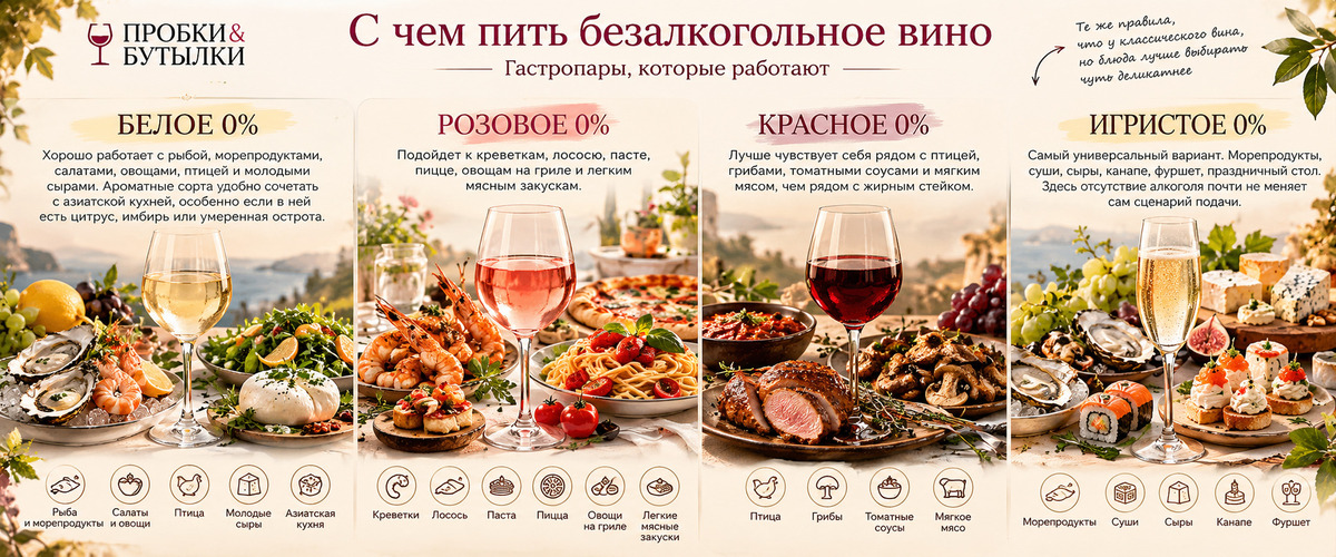 С чем пить безалкогольное вино - инфографика винотеки Пробки и Бутылки