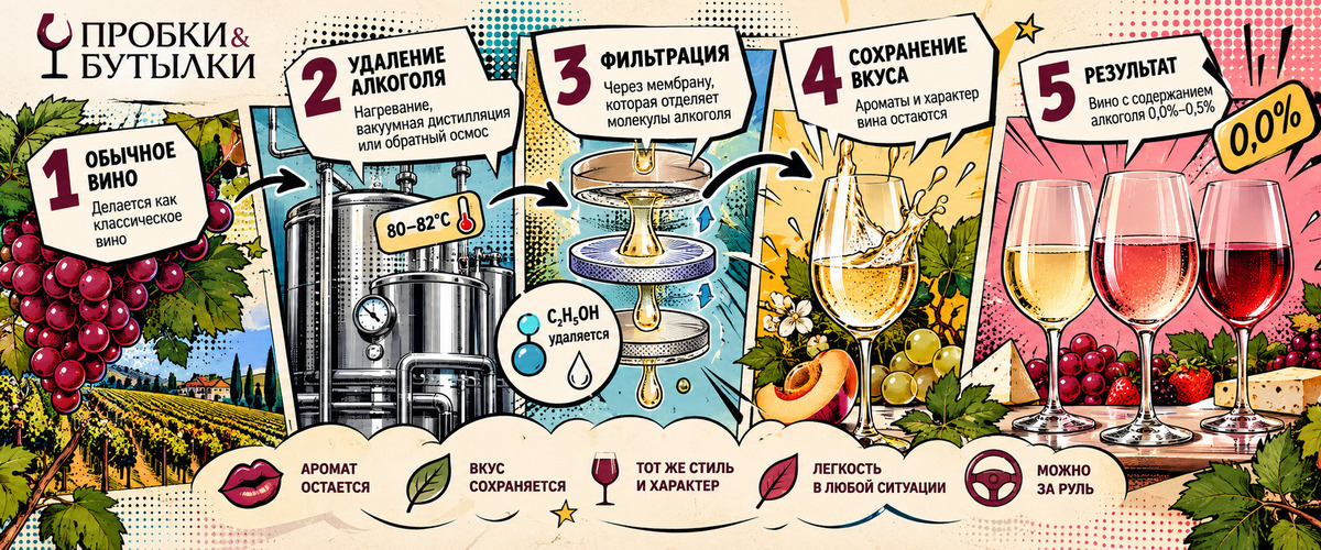 Процесс производства безалкогольного вина - инфографика винотеки Пробки и Бутылки