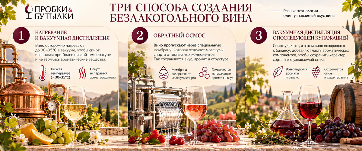 Метод создания безалкогольного вина - инфографика винотеки Пробки и Бутылки
