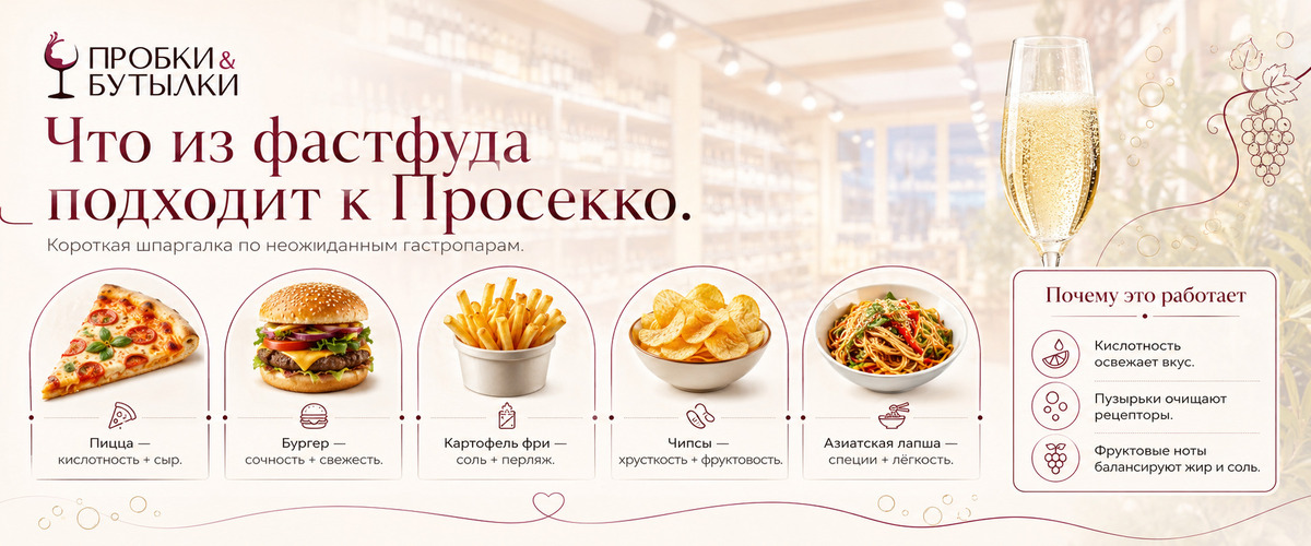 Блюда фастфуда под просекко - винотека Пробки и Бутылки